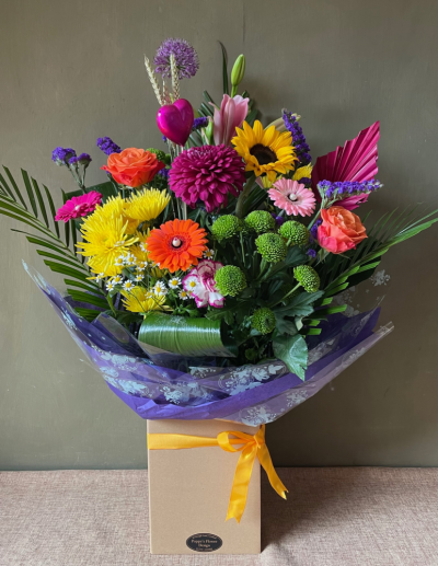 Starburst - Grand bouquet with a bright and vibrant mixture of flowers Poppy's Flower Design Leyland Flowers Florist Chorley Preston Gifts Candles Plants Floral Weddings